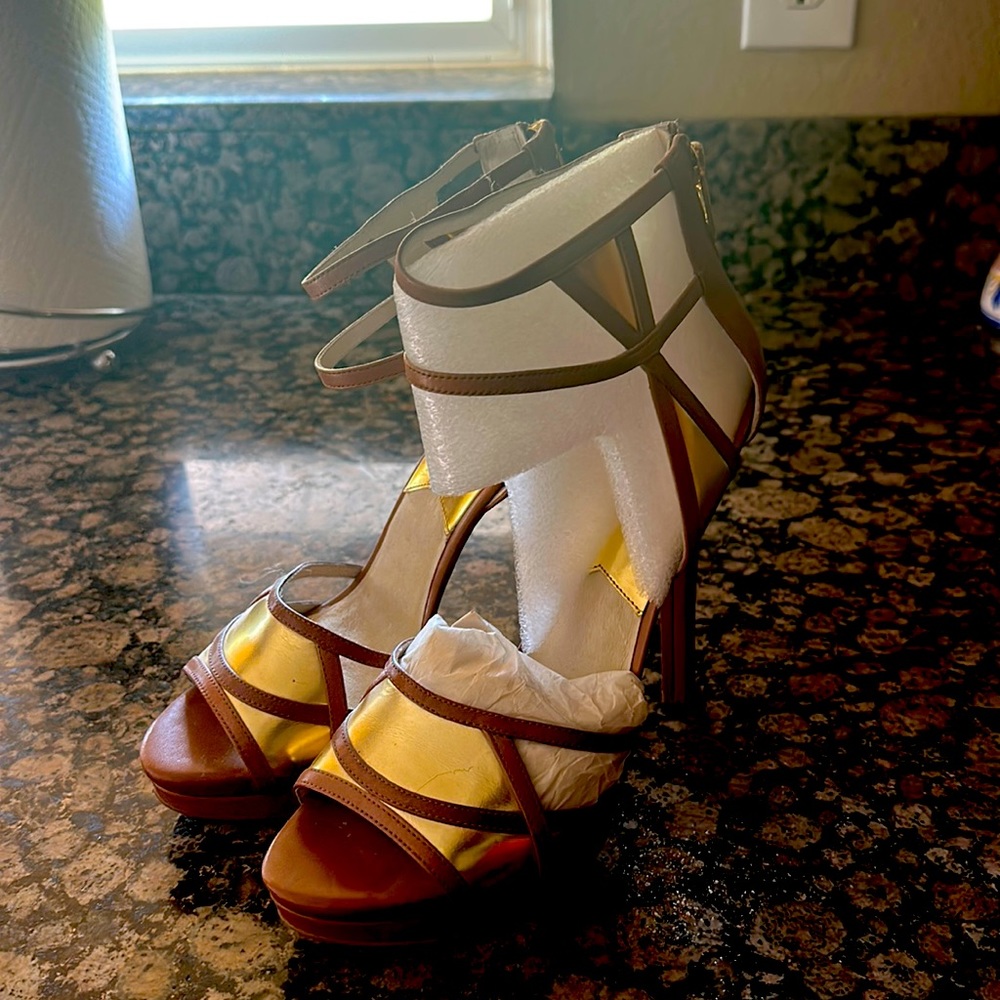Women's Brown and Gold Strappy High Heel Sandals